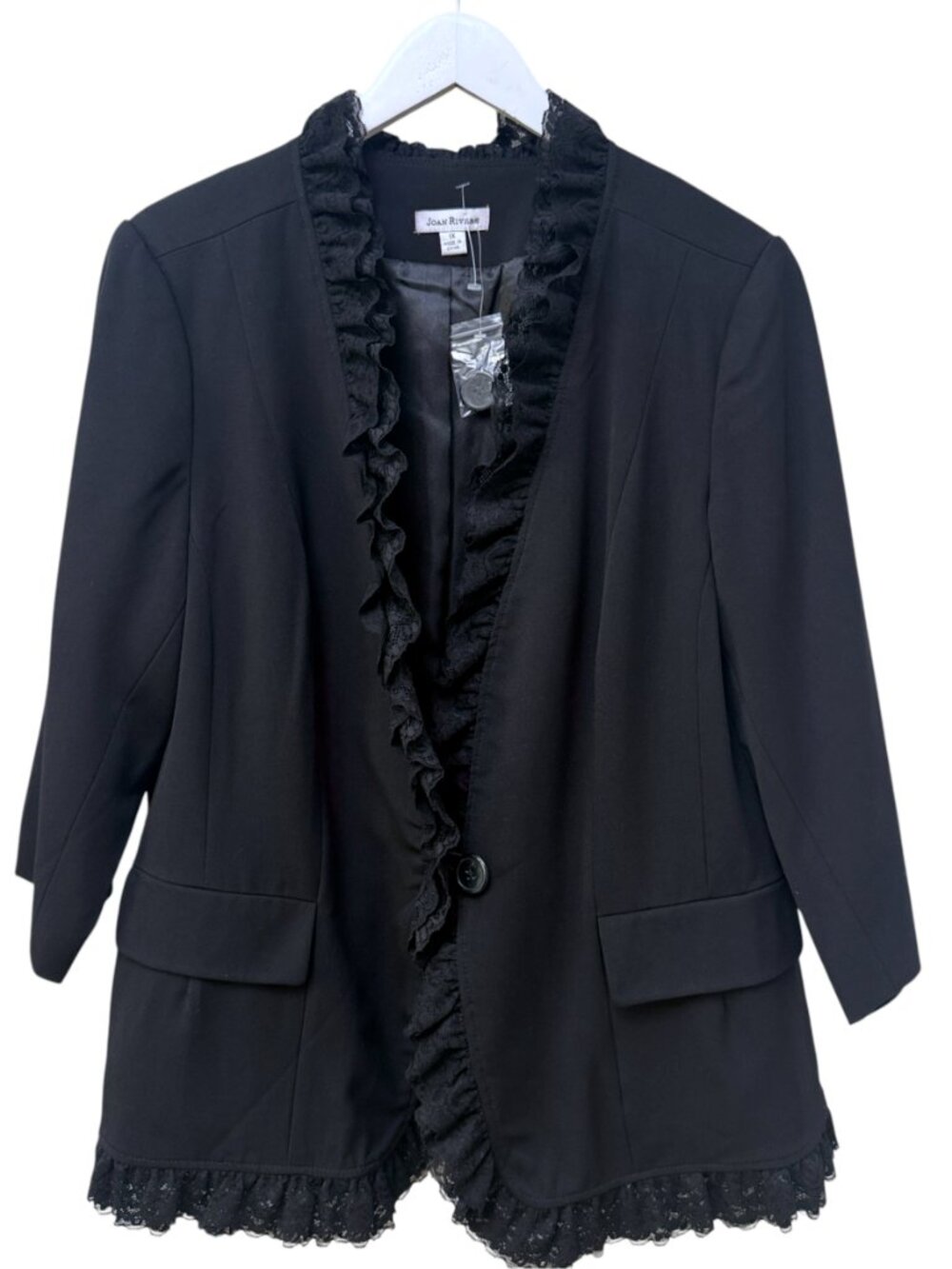 JOAN RIVERS Blazer Womens Plus Size 1X Black Ruffle Lace Evening Jacket NWOT